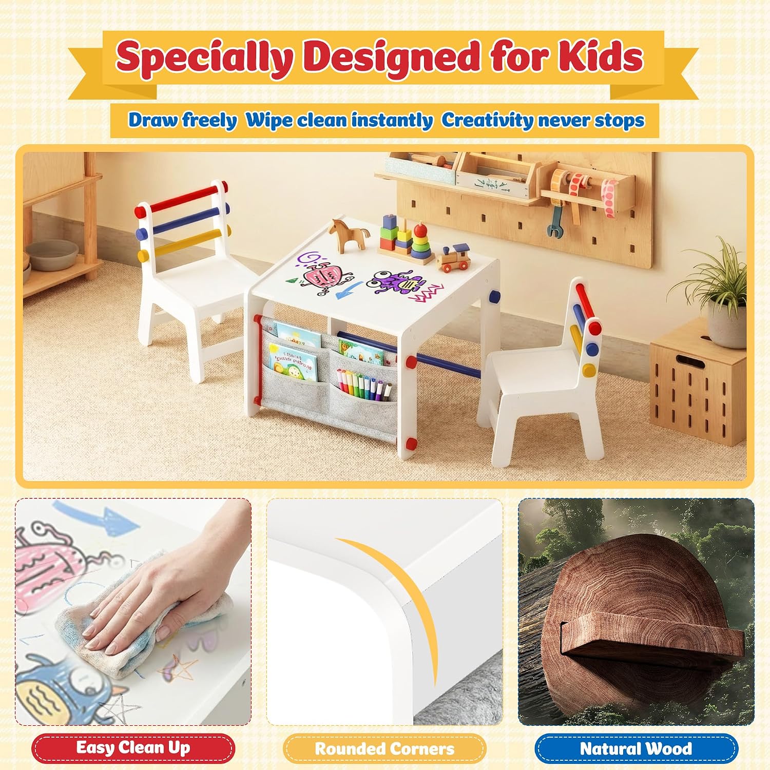 DOREROOM Wooden Kids Table & Chair, Graffiti Desktop & Storage, Multicolor | 4-in-1 Activity Table Set for Drawing, Crafts & Arts, Reading, Learning, Toddler Desk for Playroom, Daycare, Home, Ages 3+