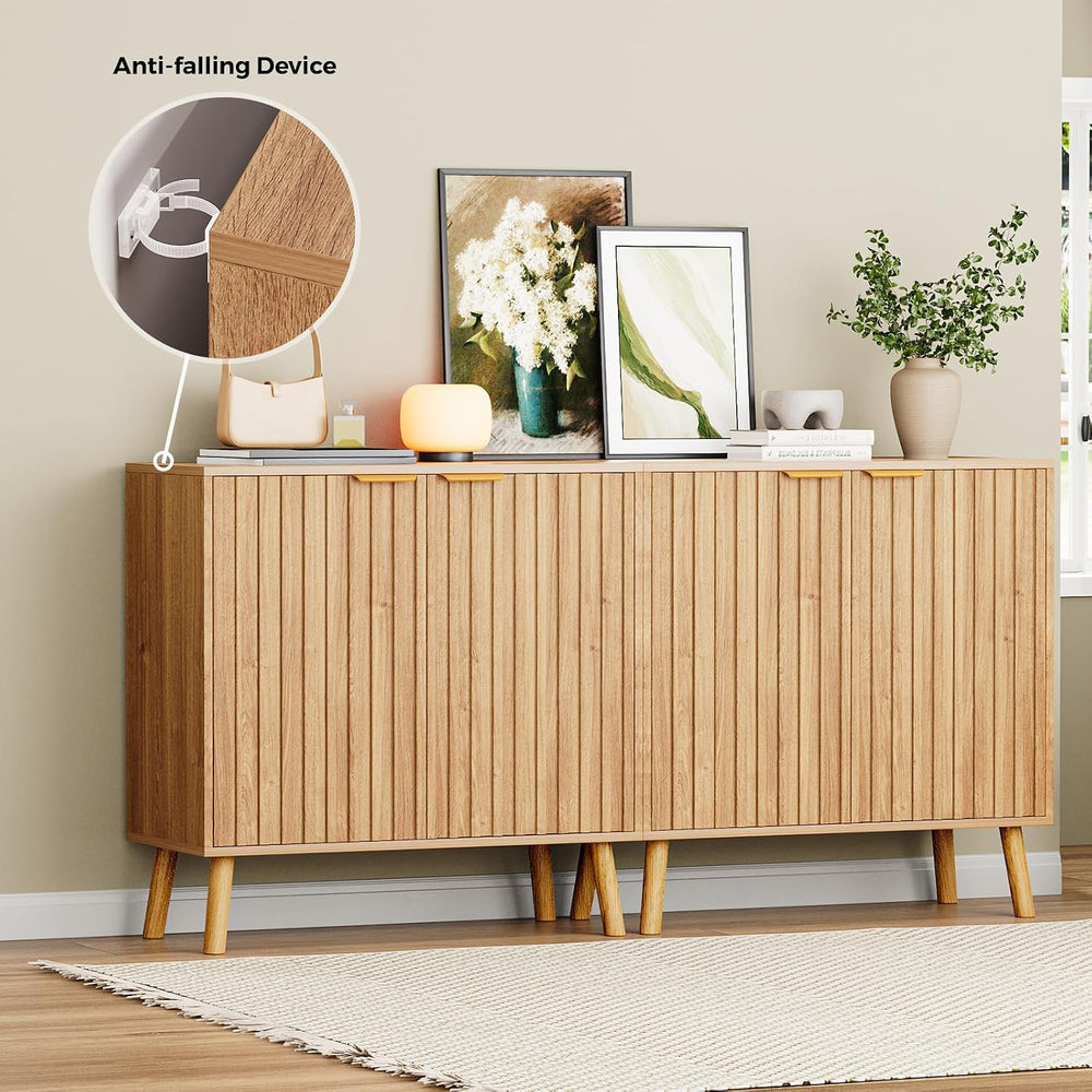 Fluted Storage Cabinet, Buffet Cabinet with Storage, Wood Sideboard with Adju...