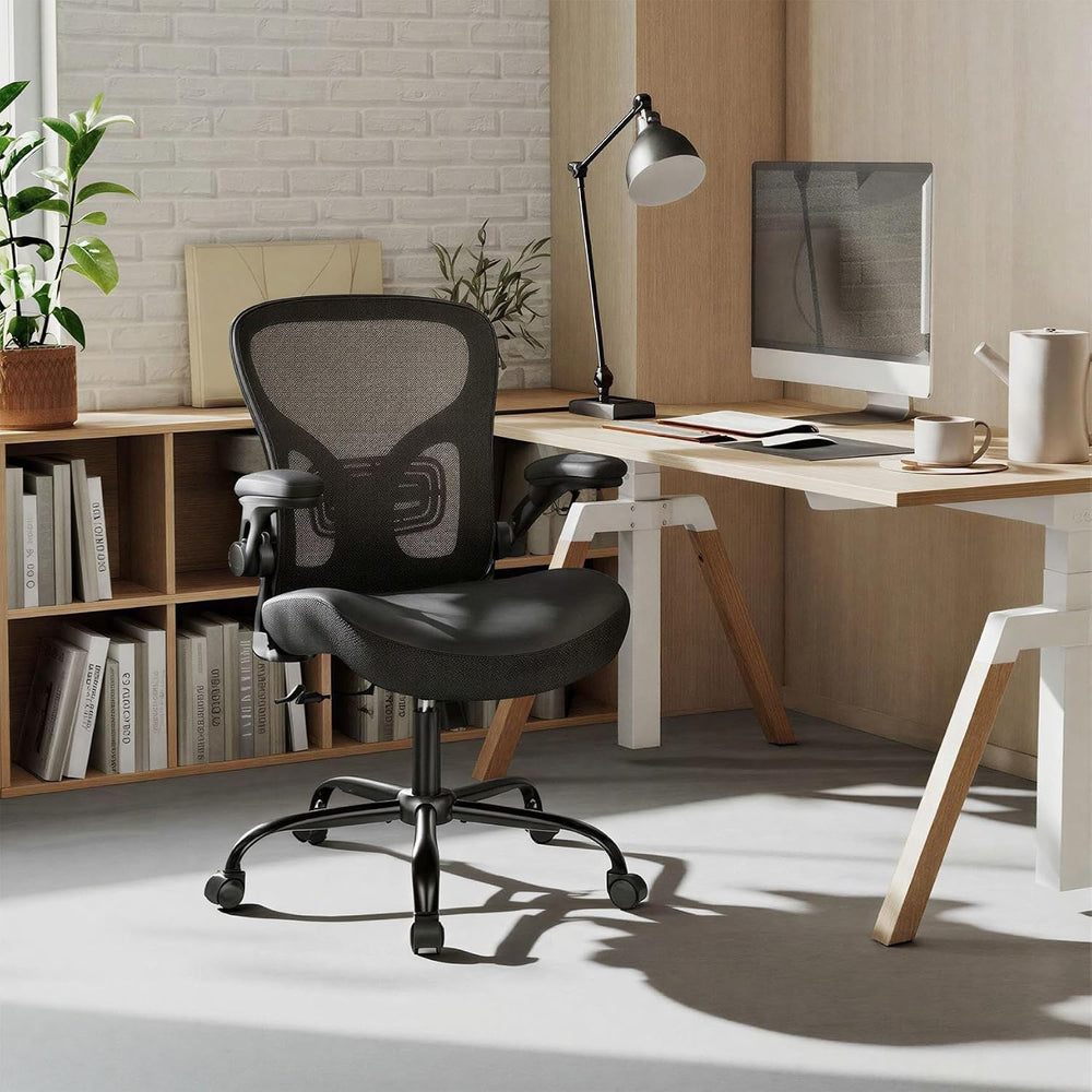 Ergonomic Office Chair, Flip-up Armrest, Mesh Back PU Leather Seat | Black Co...