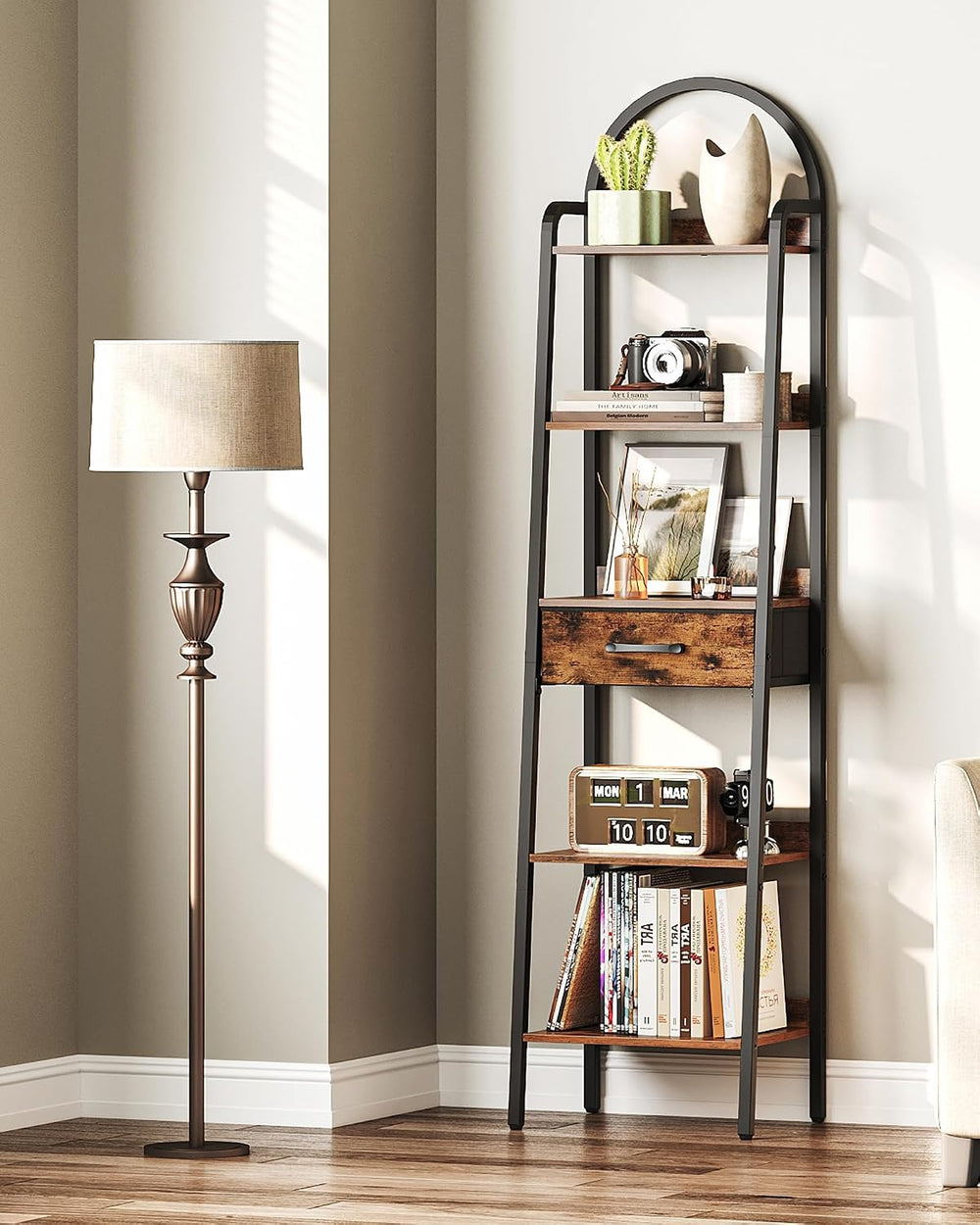 CHOEZON 5 Tier Ladder Shelf with Drawer, Tall Ladder Bookshelf, Standing Book...