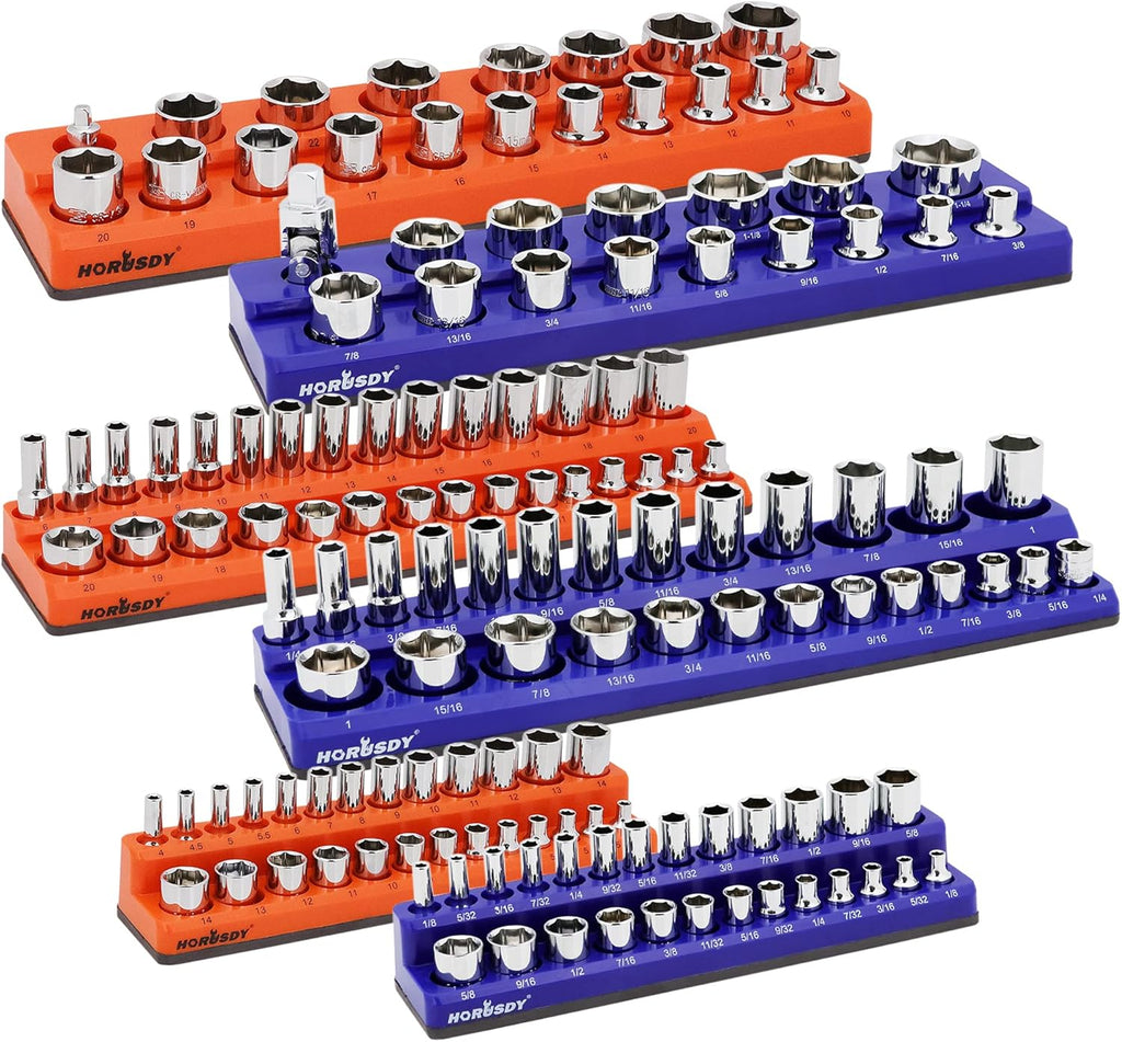HORUSDY 6-Piece Magnetic Socket Organizer Set, 1/4", 3/8", 1/2" Drive Holders for 143pcs, Magnetic Trays for Socket Storage