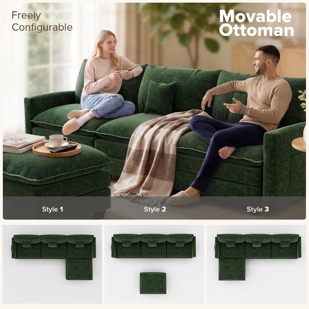 108 Inch Cloud Couch Sectional, Modular Sectional Sofa with Ottoman, Green | L Shaped Sectional Couches for Living Room, Apartment, Comfy Corduroy Cloud Sofa with Throw Pillows, Modern 4 Seater Couch