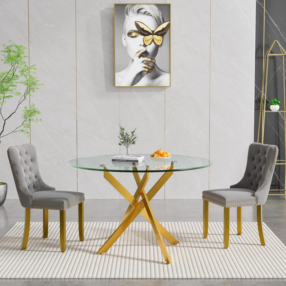 Glass Dining Room Table Set for 2, 47" Circle Glass Dining Table for 2 w...