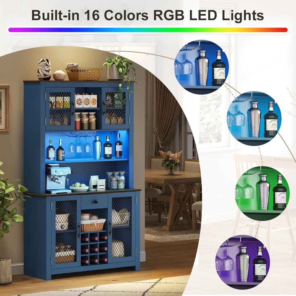 70.9” Farmhouse Kitchen Pantry Cabinet with LED Light & Power Outlets, Ru...