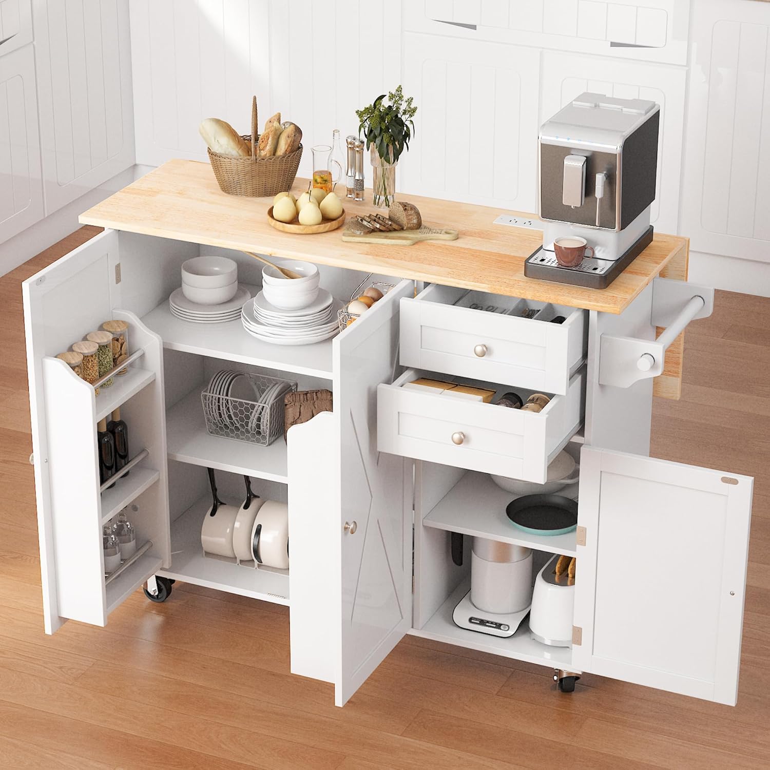 HOMREST 50.4" Kitchen Island with Drop Leaf & Power Outlet, Farmhouse Rolling Island Cart with 3 Spices Shelves on Wheels, Mobil Kitchen Island Table with Rubberwood Countertop Towel Rack, White