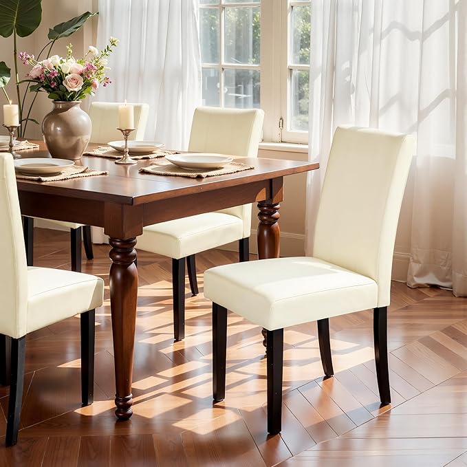 SyMax Dining Chairs Set of 4, Faux Leather Dining Room Chairs, Upholstered Modern High-End Kitchen Parson Side Chairs for Bedroom, Living Room, Cream (No Table)