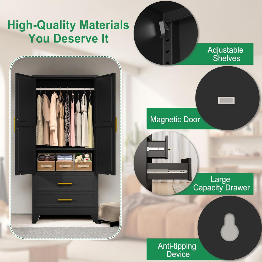 pozdeg 71" Metal Armoire Wardrobe Closet, Tall Clothing Storage Cabinet ...