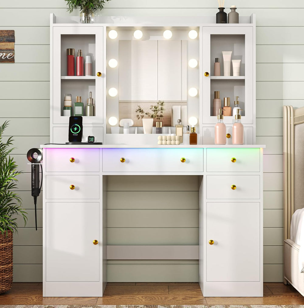 HUANLEGO White Vanity Desk with Mirror and Lights for Girls Women