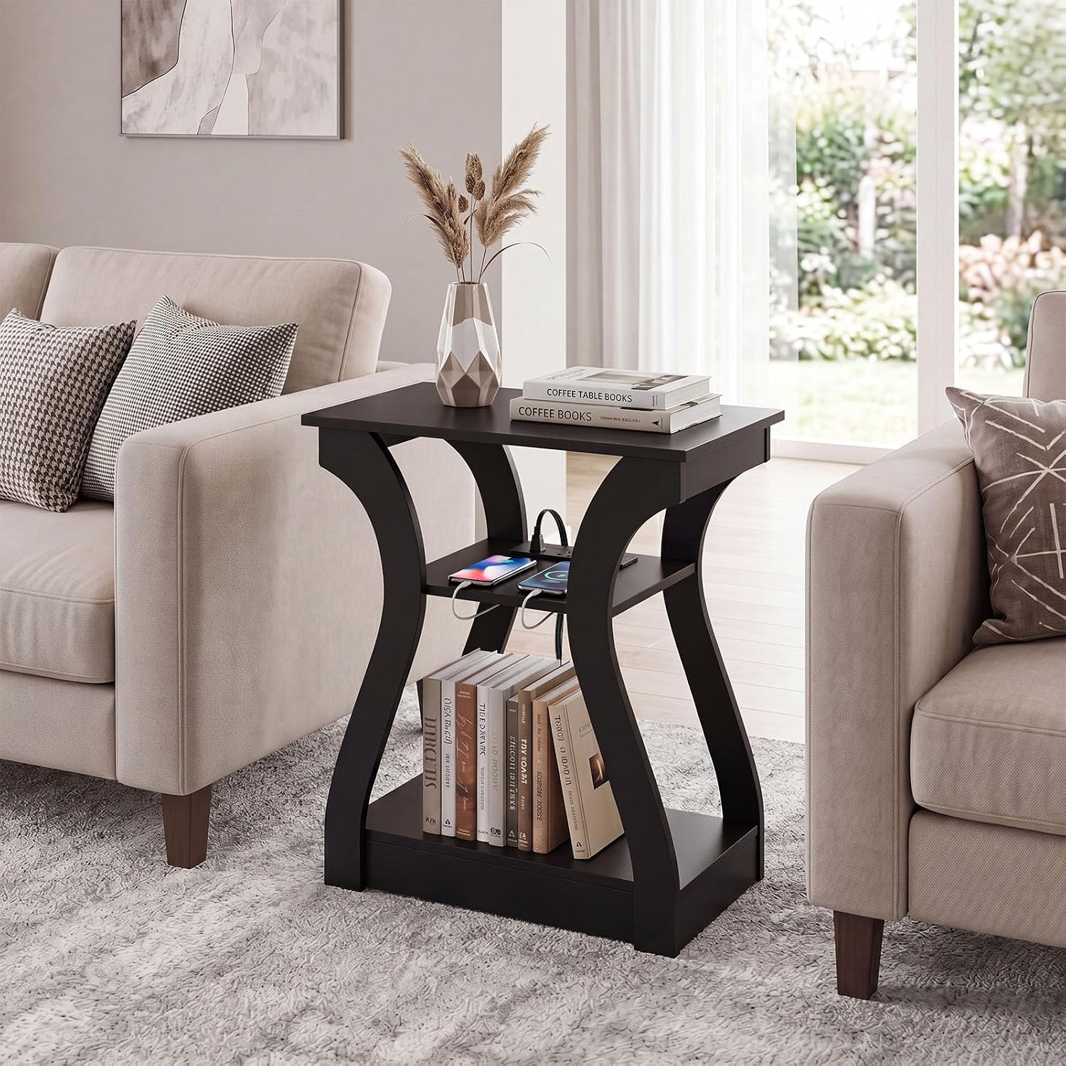 OLIXIS 3 Tier End Table with Charging Station, Modern Curved Nightstand Side Table with USB, Type-C Port & AC Outlets, Storage Shelf Cabinet for Living Room Bedroom Home Decor, Black