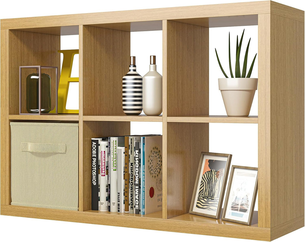 furtble Bookshelf with Storage Bin, 6-Cube Storage Organizer, Modern Wood Open Bookcase, Multifunctional Display Shelf for Living Room, Bedroom, Home Office, Oak