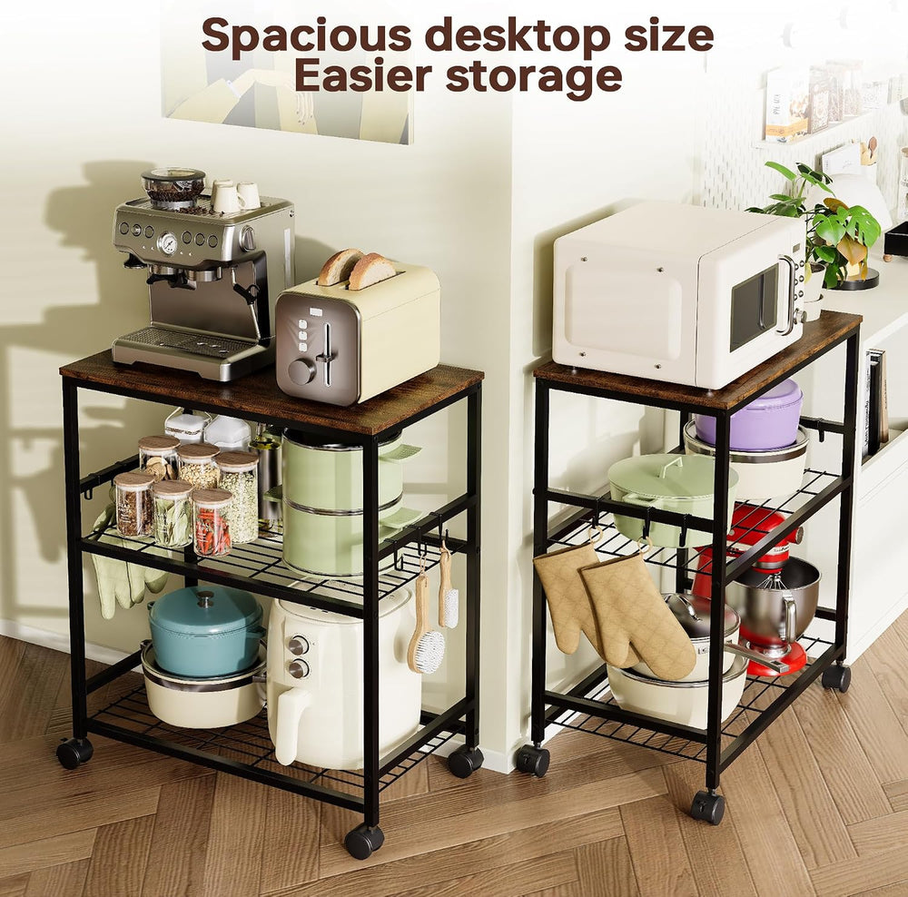 itchen Rolling Cart, 3-Tier Microwave Stand with Lockable Wheels, One-Piece S...