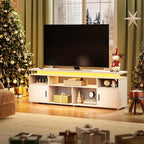SUNCOZE TV Stand, Entertainment Center with LED Lights and Cabinet for 70/75/80 Inch, Modern TV Console Gaming Media Television Stands with Power Outlets for PS5 in Living Room and Bedroom, White