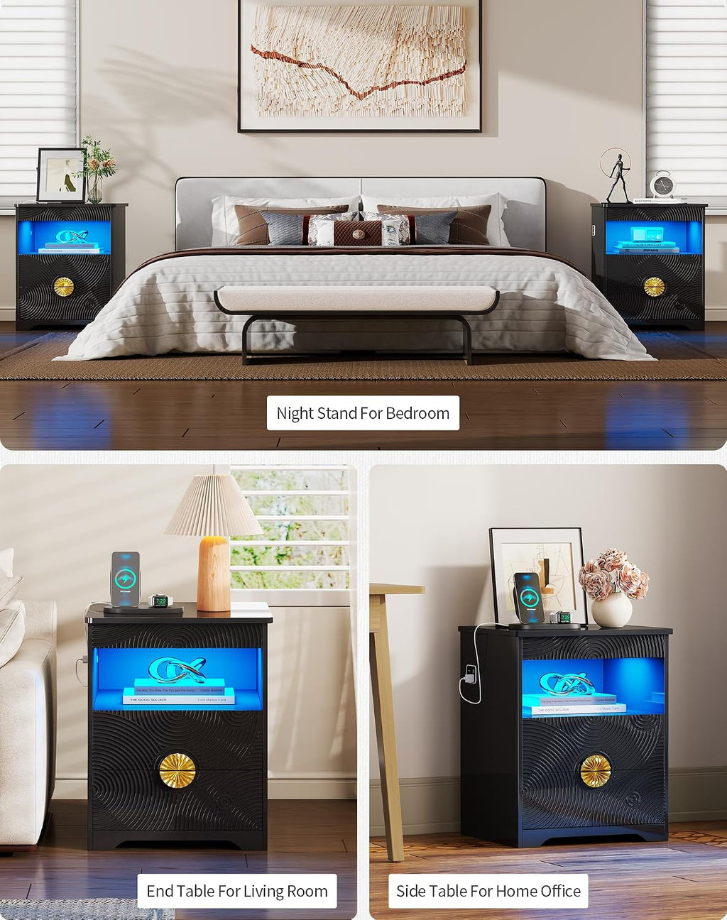 FREDEES LED Night Stand with Gun Drawer & LED Light | 3-Color Lights & Human Body Sensor, Smart Charger Station, 2 DrawersHidden Storage, End Table Bedroom Livingroom