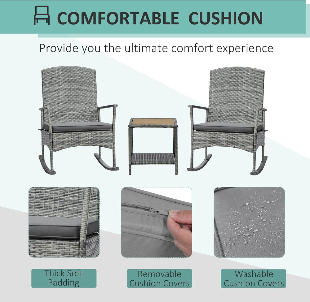 Outsunny 3 Piece Patio Rocking Chair Set, 2 PE Wicker Rocking Chairs, Cushion...