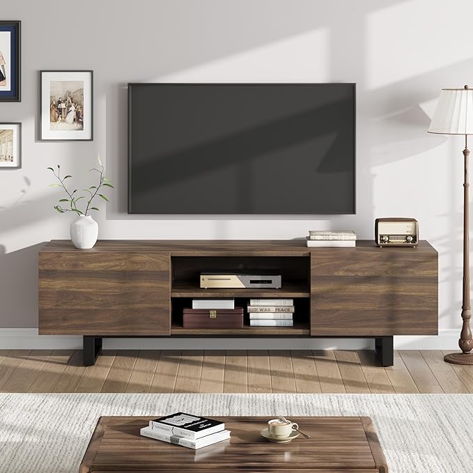 GarveeHome Industrial TV Stand for 80 in, Modern Entertainment Center with 2 Drawers, Wooden Media Cabinet with Heavy Duty Leg and Open Storage, TV Console Table for Living Room, Walnut