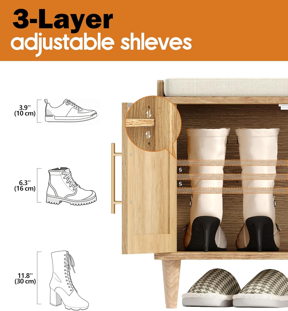 Akxomel 47.2" Rattan Shoe Storage Bench 4 Doors Wooden Entryway Bench Oa...