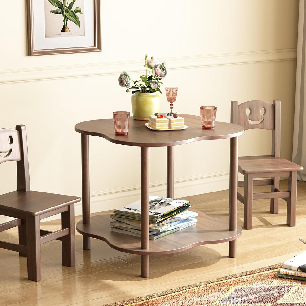 Flower Shape End Table - 2-Tier Walnut Wood Color Coffee Tables, Modern Woode...