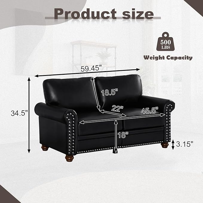 Faux Leather Loveseat Sofa, 59" W Mid Century Modern Couch with Storage, Comfy 2 Seater Sofa with Nailhead Trim & Rolled Armrests, Deep Seat Small Couch for Living Room, Apartment, Office (Black)