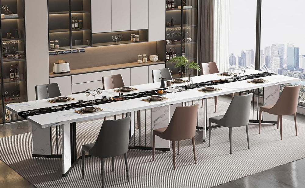 JassmiPkwy 71 Inch Dining Table for 6 8 10 People, Rectangular Faux Marble Ki...
