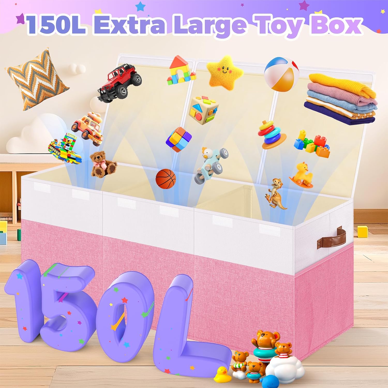 Extra Large Toy Storage Box with Lid, Collapsible Sturdy Toys Chest Storage Organizer Bin Basket with Divider for Kids, Boys, Girls, Closet, Playroom, Bedroom, Nursery, 40"X14"X16", Pink & White