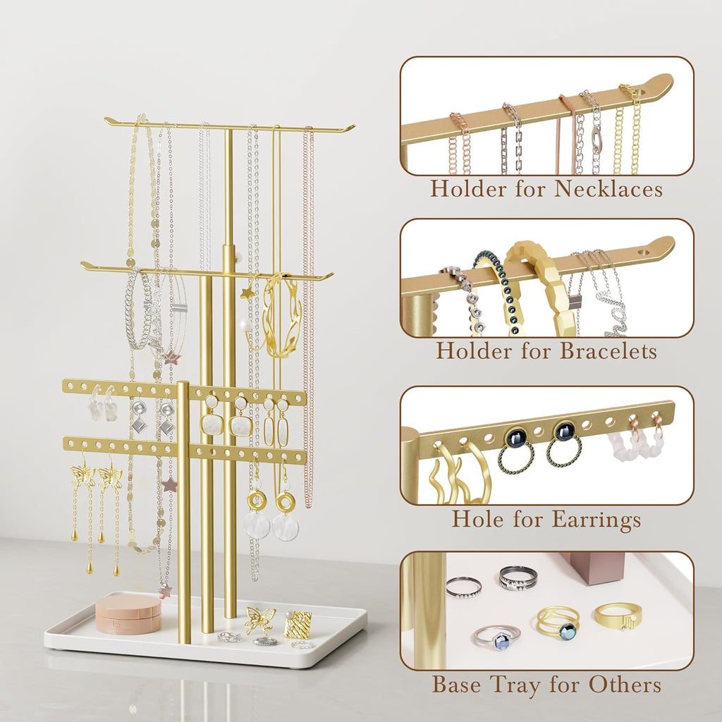 Jewelry Holder Organizer Stand - Adjustable Jewelry Tree 17.5" Height (Max), Jewlery Hanger for Necklaces, Bracelets, Earrings, Aesthetic for Storage and Display, Metal, Gold and White