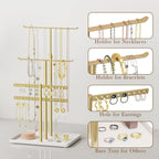 Jewelry Holder Organizer Stand - Adjustable Jewelry Tree 17.5" Height (Max), Jewlery Hanger for Necklaces, Bracelets, Earrings, Aesthetic for Storage and Display, Metal, Gold and White