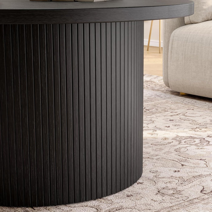 ONBRILL 31.5" Round Coffee Table, Tambour Design Coffee Tables for Living Room, Mid Century Modern Wood Coffee Table, Drum Accent Small Center Table, Black