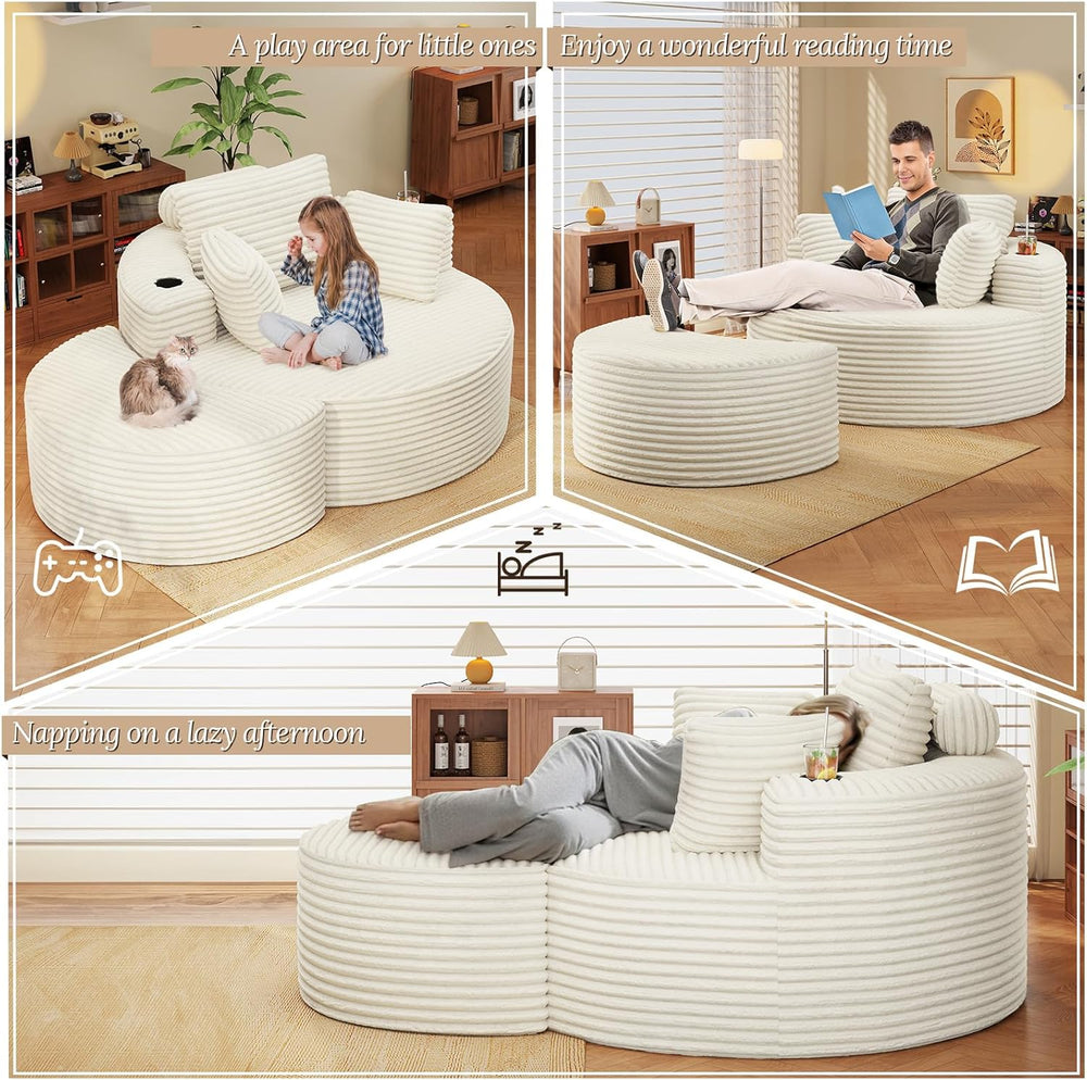 Round Chaise Lounge with Ottoman, Cloud Corduroy Curved Reading Lounge Sofa C...