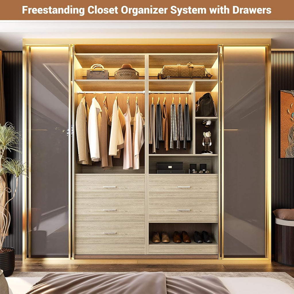 Besiost 4FT Closet Systems with 5 Drawers, 48" Closet Organizer System | Wood Closet Organizer with 2 Hanging Rods & 7 Shelves, Heavy Duty 48" Walk-in Closet, White Oak (48"L x 15" W x 80" H)