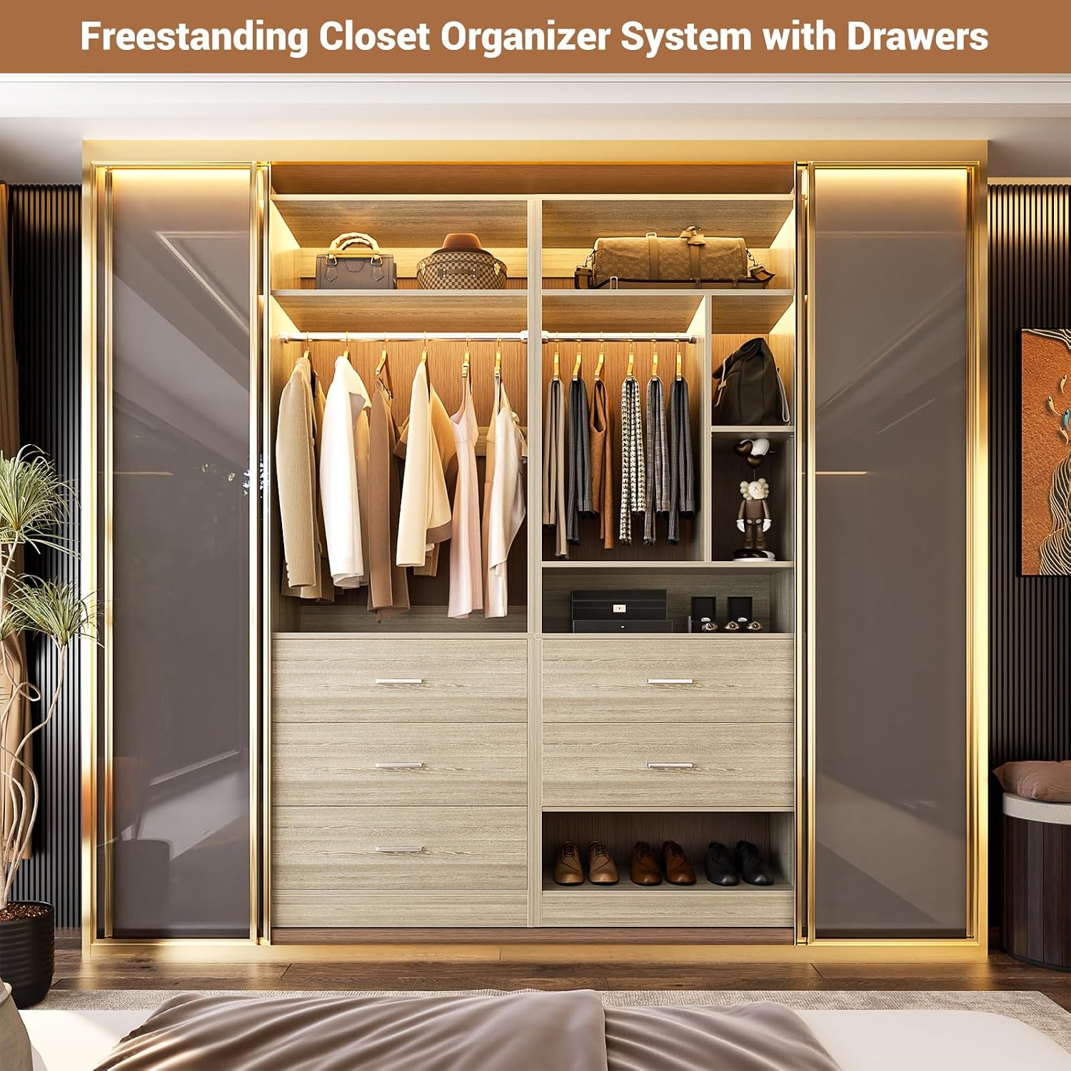 Besiost 4FT Closet Systems with 5 Drawers, 48" Closet Organizer System | Wood Closet Organizer with 2 Hanging Rods & 7 Shelves, Heavy Duty 48" Walk-in Closet, White Oak (48"L x 15" W x 80" H)