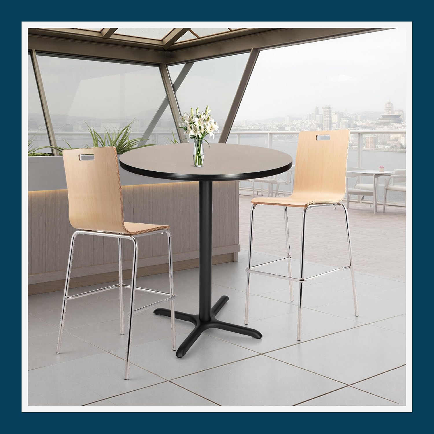 OEF Furnishings OEFCT13636XBGY Premium Commercial-Grade Restaurant and Breakroom Cafe Table (Round, 36 in Diameter, 42 in Bar Height, X-Base, Black Frame, Gray Nebula Laminate)