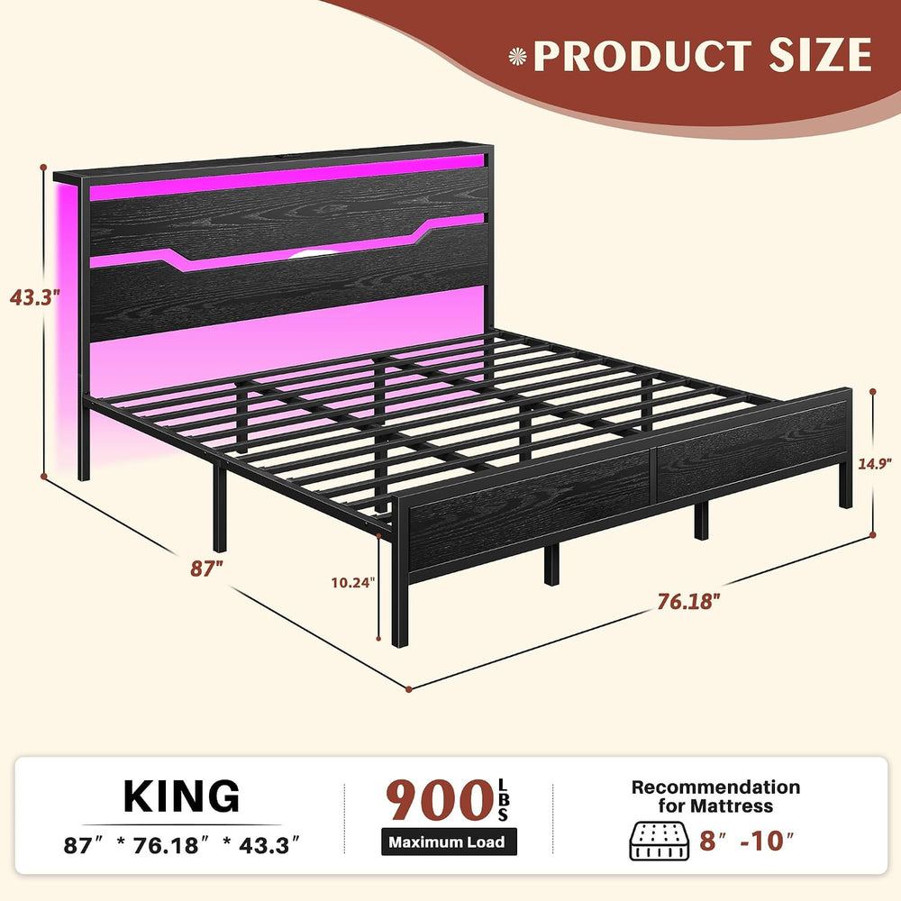 Homkdom King Size Bed Frame with Headboard & LED Light