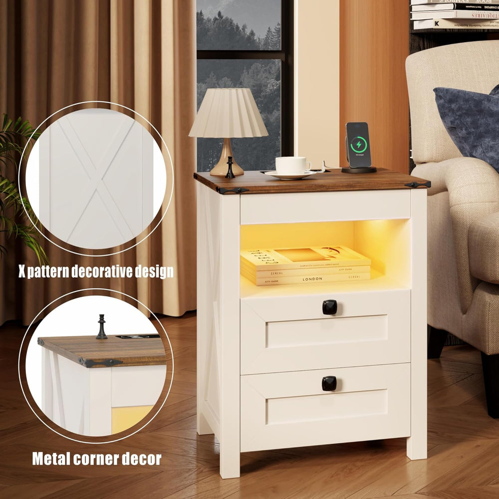 HWB LED Nightstand Set of 2 with Gun Drawer: Bedside Table with Charging Stat...