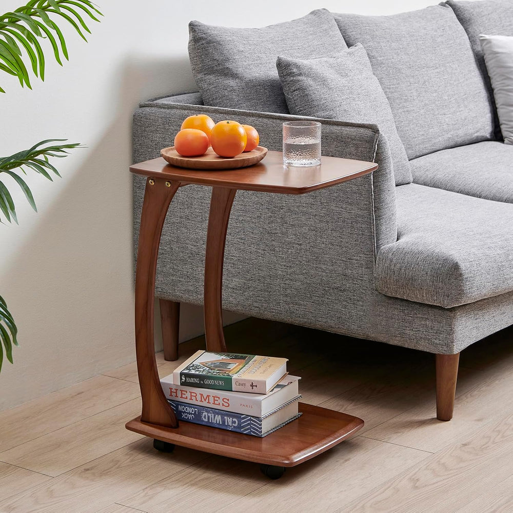 C-Shaped End Table with Wheels,Walnut Color(18.1" Dx13.7 W x24.8 H) | Ro...