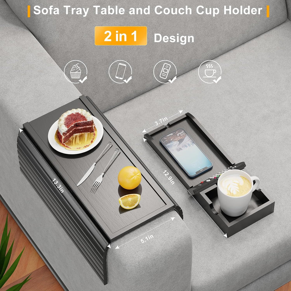 Bestjing Bamboo Couch Armrest Table, Sofa Arm Tray with Detachable Couch Cup ...