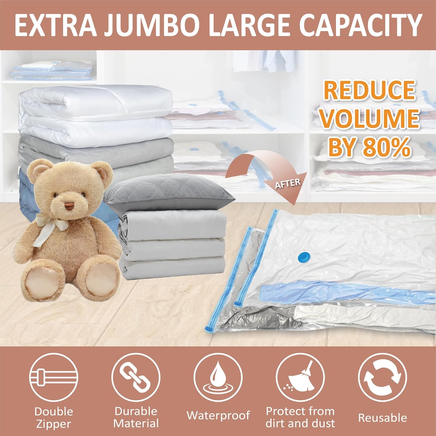 8 Pack XXL Jumbo Vacuum Storage Bags, Extra Large Vacuum Seal Bags for Comforters, Bedding, Blanket Storage, Giant Space Saver Bags for Huge Stuffed Toy(47.2x35 in)