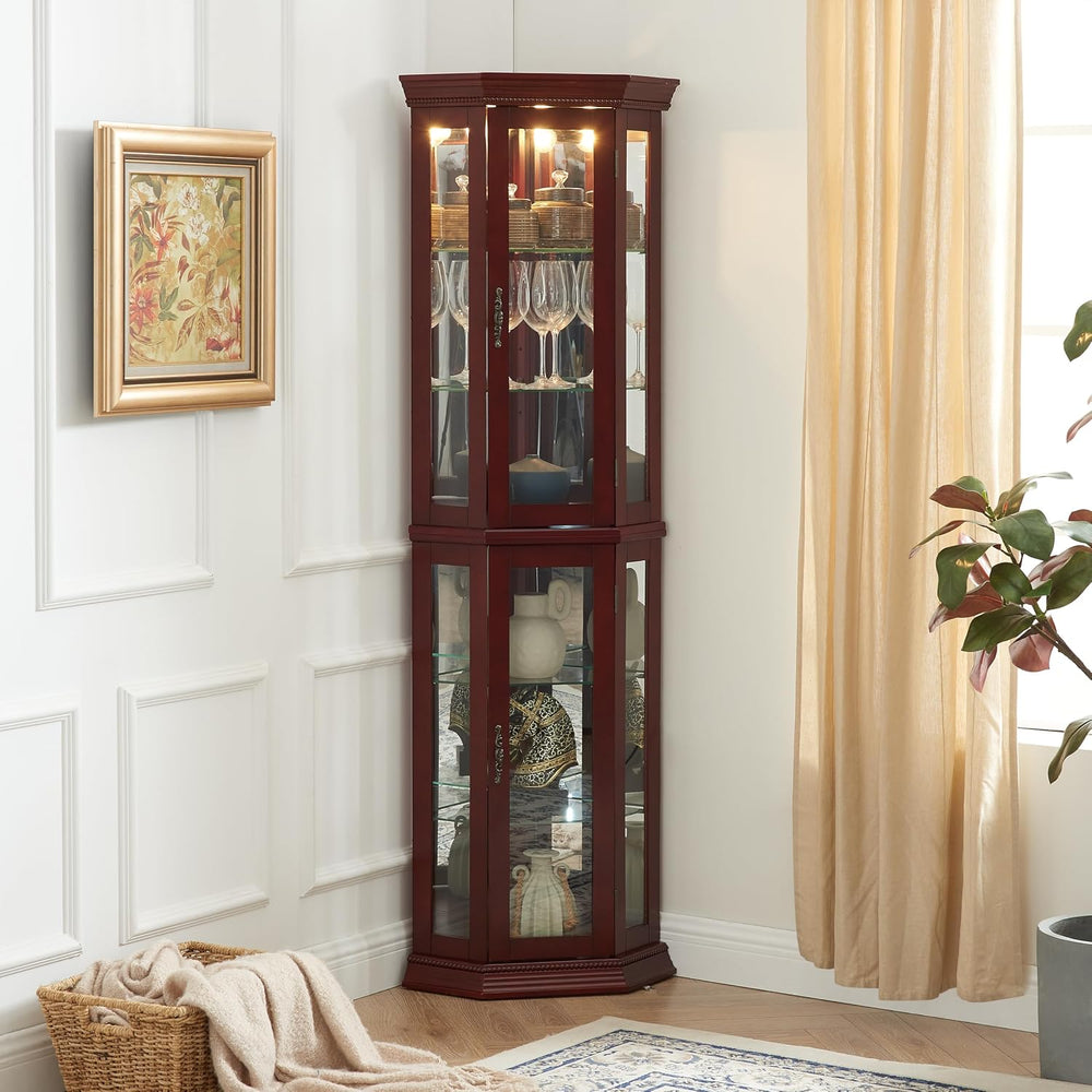 Lighted Corner Curio Cabinet, 69.75" Tall Corner Display Cabinet with Ad...
