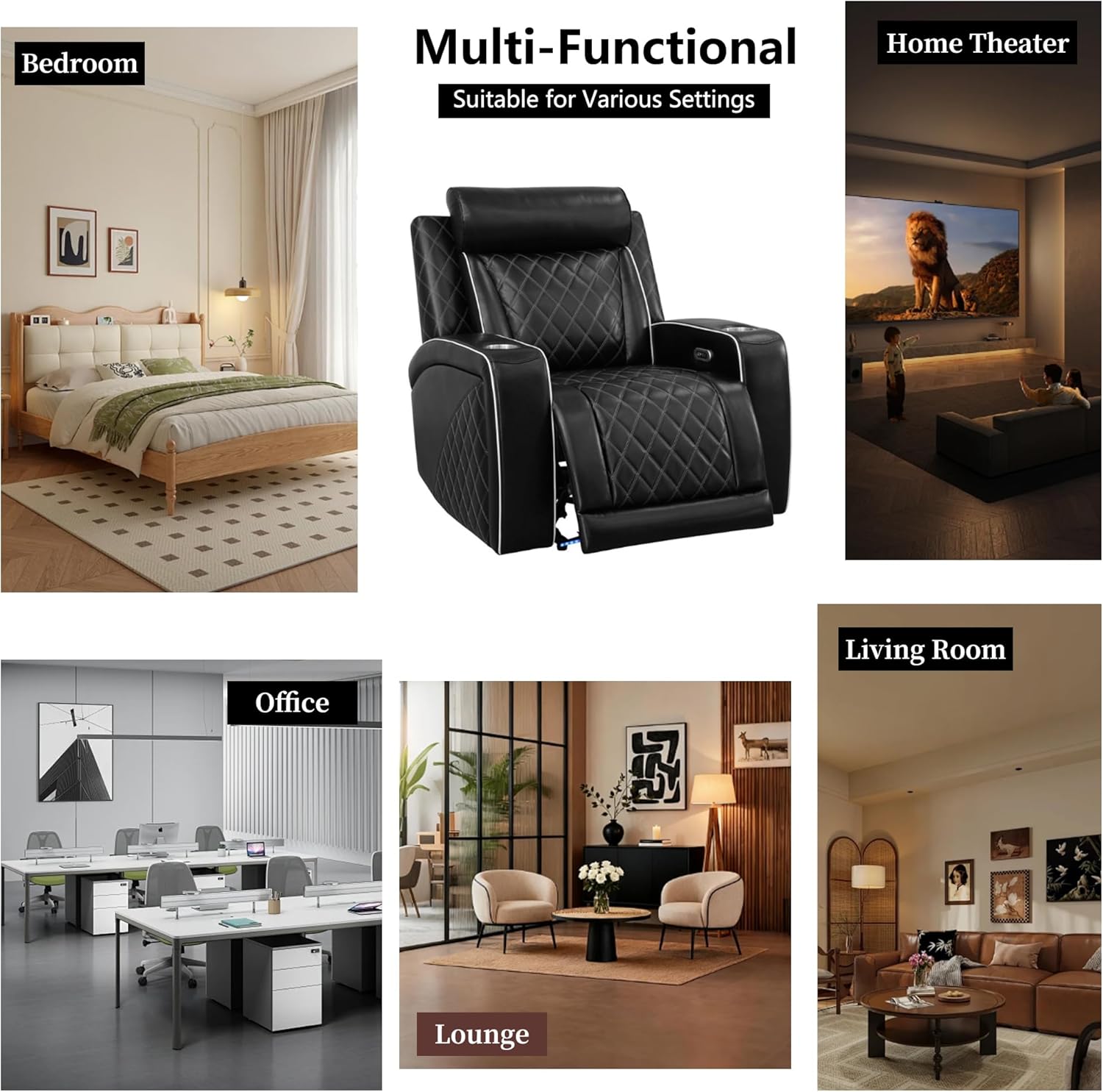 Power Recliner Sofa Set, Breathing Leather Reclining Couch Set, 3 Piece Living Room Furniture Set with LED Lights/Charging Ports/Storage for Home/Office (Black New, Sofa+Loveseat+Chair)