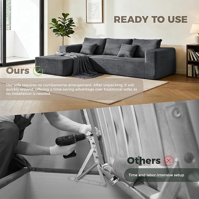 106" Corduroy Boneless Modular Sectional Sofa, Cloud-Louch Deep Seat Sofa with Left Chaise for Living Room & Bedroom（L-Shaped Left Hand Facing ）