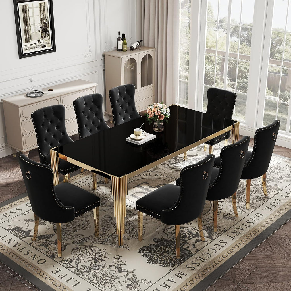 9 Piece Glass Dining Table Set for 8, 81" Rectangle Kitchen Table with 8 Black Velvet Upholstered Chairs, Tempered Glass Tabletop with Stainless Steel Legs, for Kitchen and Dining Room, Gold Black