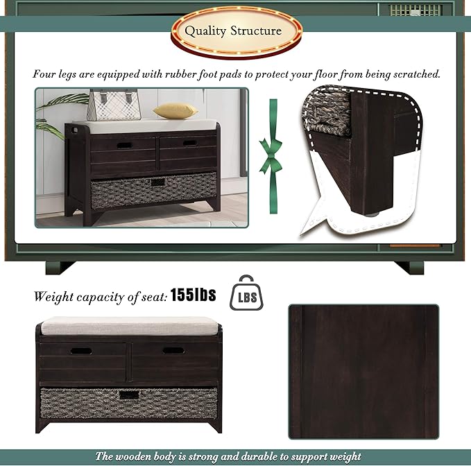 Merax Farmhouse Wood Shoe Bench with Storage and Seat Cushion for Entryway Hallway Front Door Espresso