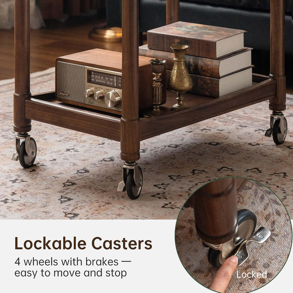 YESWOOD Vintage Walnut Side Table with Lockable Wheels, 2‑Tier Rolling End Ta...