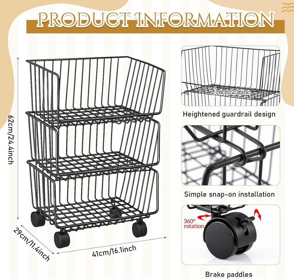 Maxdot 2 Pack 3 Tier Rolling Pantry Floor Organizer and Storage Cart with Wheels Stackable Pantry Metal Wire Baskets Kitchen Fruit Snacks Basket Stand for Kitchen Office Living Room(Black)