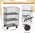 Maxdot 2 Pack 3 Tier Rolling Pantry Floor Organizer and Storage Cart with Wheels Stackable Pantry Metal Wire Baskets Kitchen Fruit Snacks Basket Stand for Kitchen Office Living Room(Black)