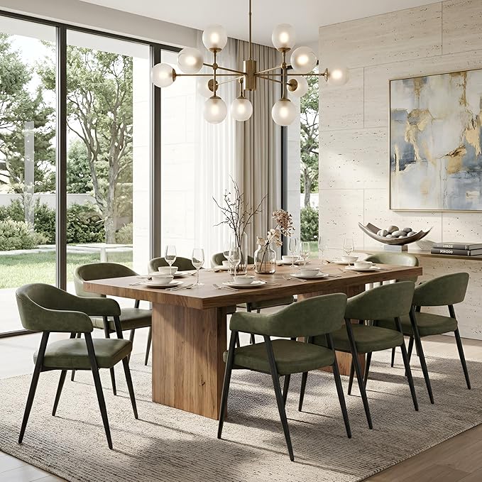 HNY Modern Dining Room Arm Chairs Set of 6, Green Retro Faux Leather Upholstered Barrel Dining Chairs with Arms Mid-Century Accent Chair with Metal Legs, Open-Back Kitchen Side Chairs for Living Room