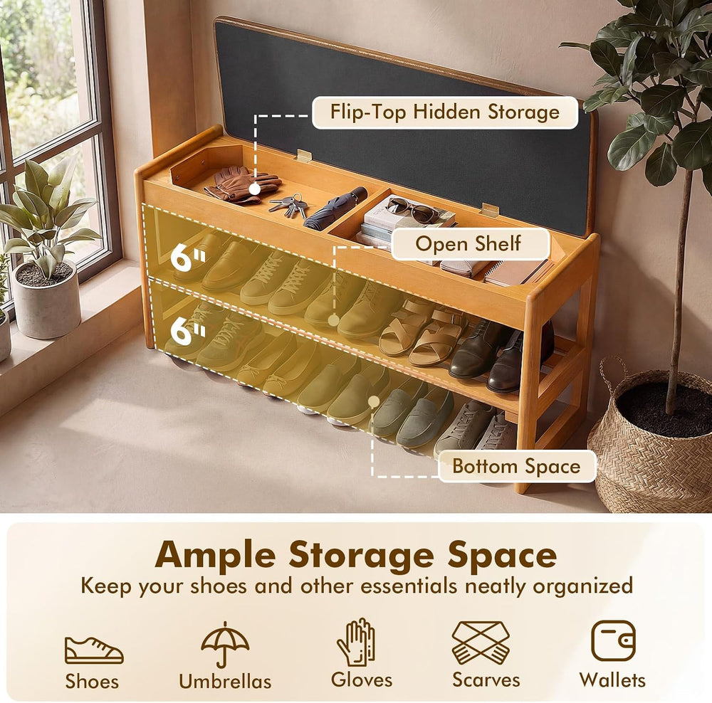 Giantex Shoe Rack Bench with Storage, Rubberwood Entryway Bench with Faux Lea...