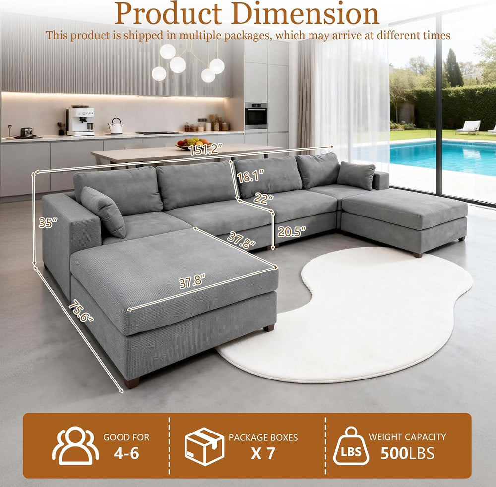 Oversized U Shaped Sectional Couch for Living Room, Extra Large Cloud Couch w...