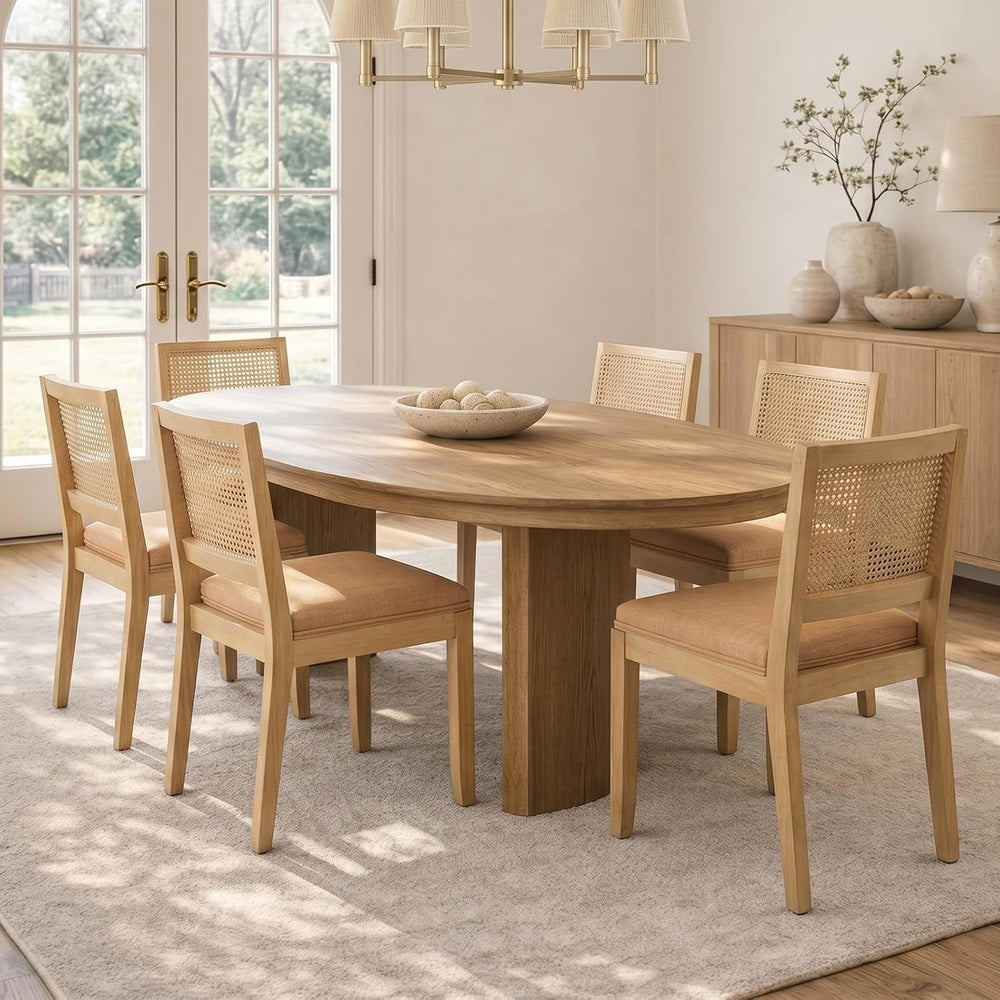 French Country Dining Chairs, Brown Color Rattan, Set of 6 | Square Back,Wood...