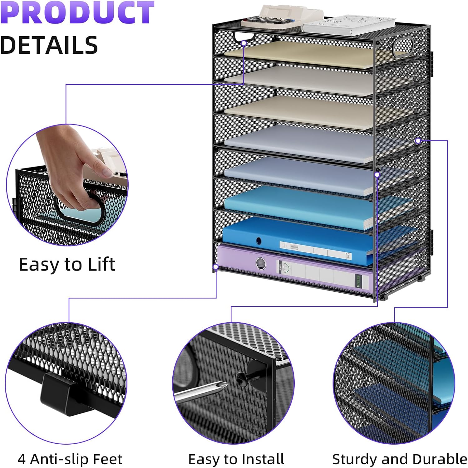 Marbrasse Paper Organizer Letter Tray, 9 Tier Mesh File Organizer with Handle, Paper Sorter Desk Organizer for Home Office Supplies