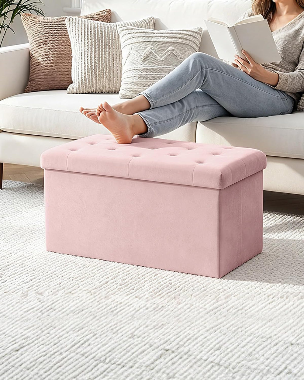 B FSOBEIIALEO Folding Storage Ottoman, Long Ottomans Shoes Bench, Velvet Stor...